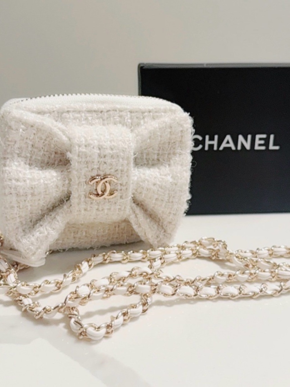 VIP White Tweed Mini Bag with Gold Chain